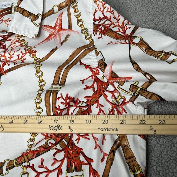 Susan Graver Top 14 Equestrian Chain Print Coastal Starfish Stretch Button Front - Picture 8 of 12